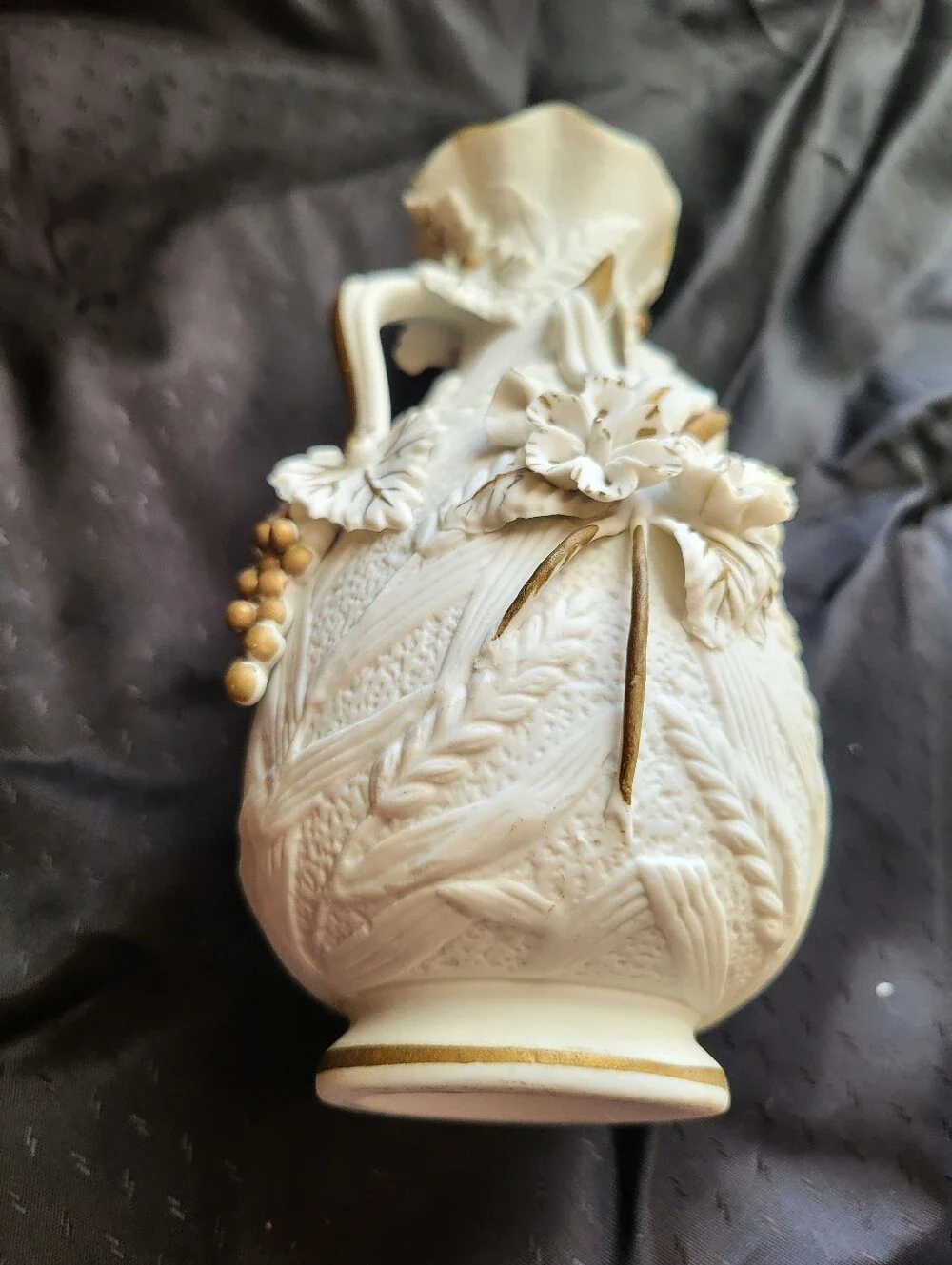 Textured White Bisque Ceramic Floral 6 Inch Vase with Grapes And Wheat